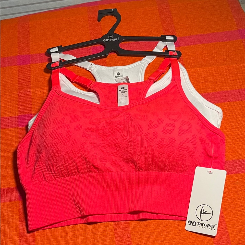 90 Degree By Reflex Neon Orange and White Sports Bra Duo, Size Large